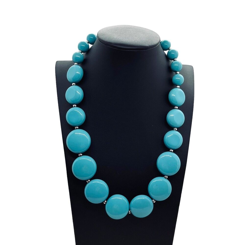 Robert Rose Choker Necklace Turquoise Blue Beaded Plastic Spring Ring Kawaii